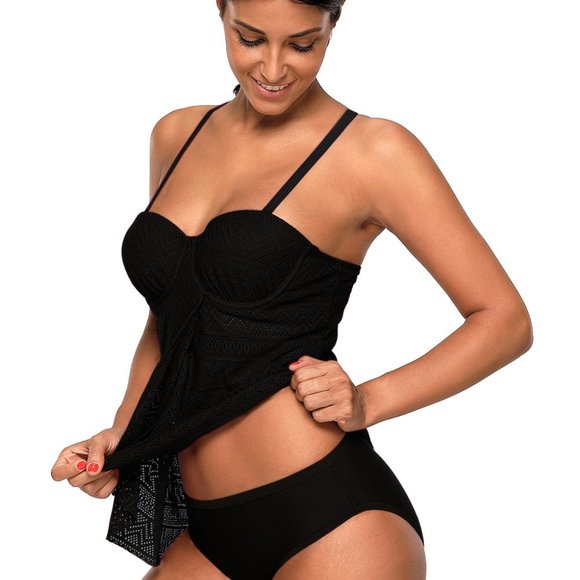 Black Lace Flyaway Underwired Tankini Bathing suit - Picture 3 of 4